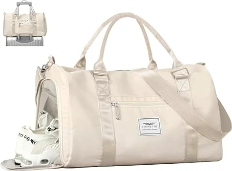 FIORETTO Womens Gym Sports Bag Travel Bag with Shoes Compartment & Wet Pocket, Weekend Overnight Duffle Hospital Bag Carry On Bag Holdall for Travel Swimming Beige
