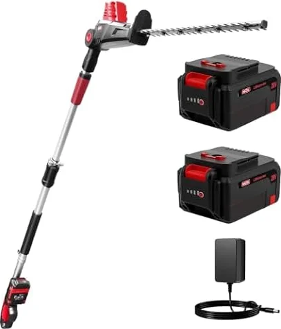 MZK 20V Pole Hedge Trimmer,57cm Blade,2.4m, 2x4.0Ah Pro Battery Packs | 0-180° pivoting head cordless hedge trimmer. Includes 2 batteries, charger & dual-lock for safe long reach hedge trimmer use.