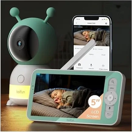 Boifun 2K 2.4GHz WiFi Baby Monitor, Phone App & 5'' Screen Control, Smart Night Light, Night Vision, Cry Motion Sound Detect, 360° Camera, Smartphone, PTZ, Auto-tracking, Humidity Temperature, 4X Zoom