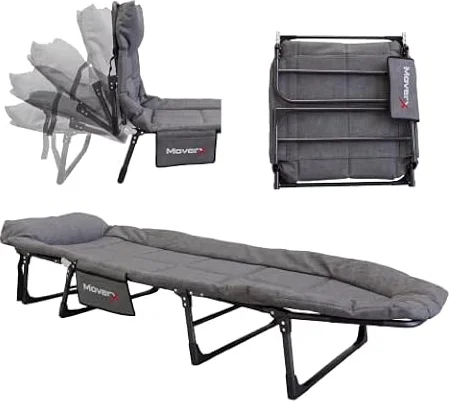 MoverX Folding Camping Bed, Reclining Cot with Backrest, 130kg, Grey | Size: 196x67x36, Steel frame, Oxford fabric, Padded headrest, Side pocket, 5.2kg