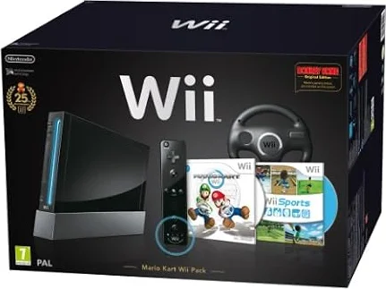 Nintendo Wii Console (Black) with Wii Sports + Mario Kart and Black Wii Wheel + Motion Plus Controller (Wii)