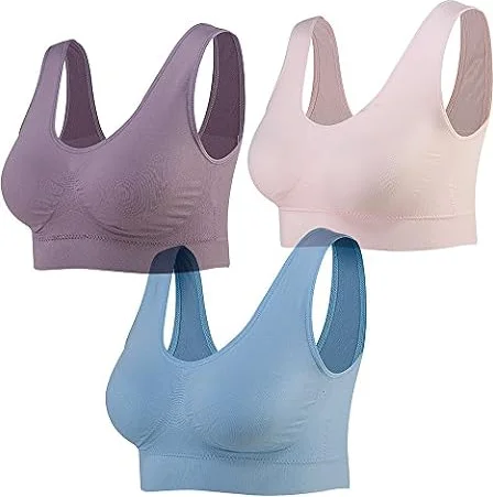 Lemef 3-Pack Seamless Sports Bra Wirefree Yoga Bra with Removable Pads for Women, Pink&blue&purple, XL